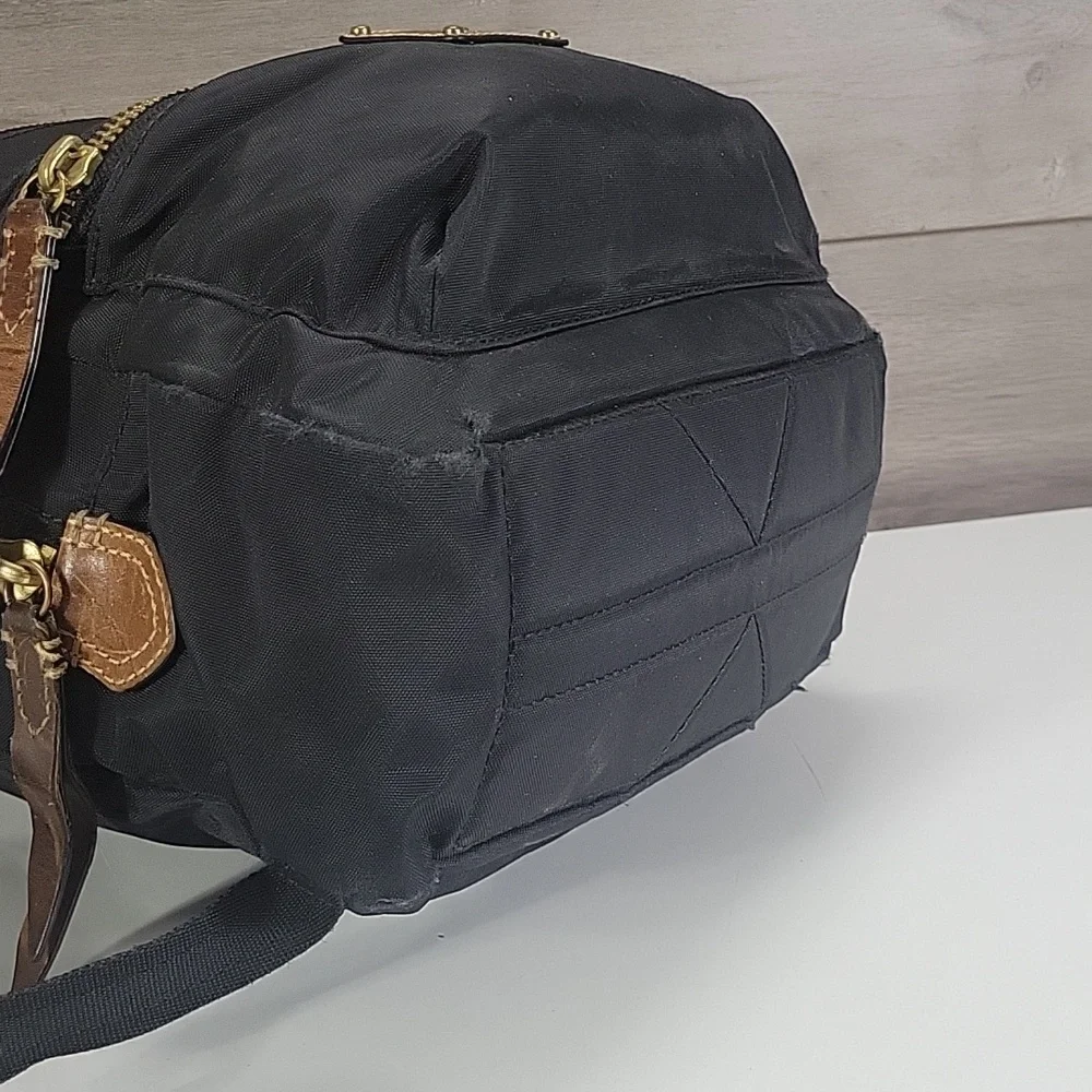 Frye Nylon Black and Brown Leather Trim Backpack with Gold Accents